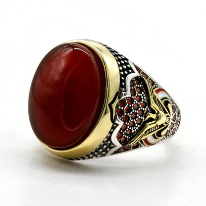 Handmade Turkish S925 Sterling Silver Red Agate Vintage Signet Ring