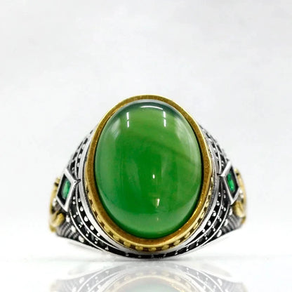 Handmade Green Agate 925 Sterling Silver Vintage Turkish Signet Ring