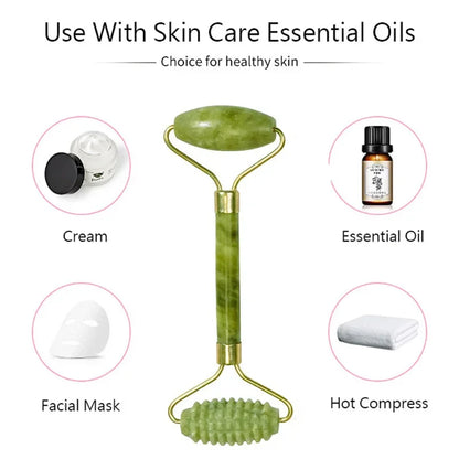 Natural Jade Roller Massager and Double-end Gua Sha Jade Stone