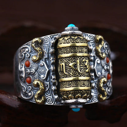 Adjustable 925 Sterling Silver Buddhist Rotatable Scripture Ring
