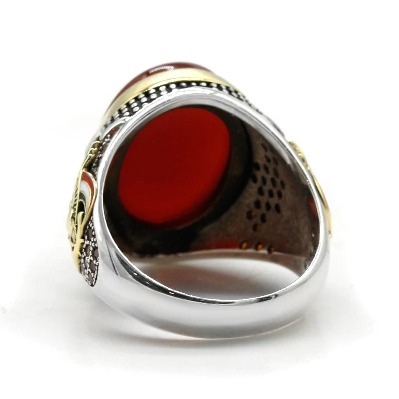Handmade Turkish S925 Sterling Silver Red Agate Vintage Signet Ring