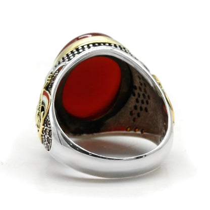 Handmade Turkish S925 Sterling Silver Red Agate Vintage Signet Ring