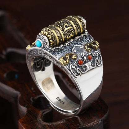 Adjustable 925 Sterling Silver Buddhist Rotatable Scripture Ring