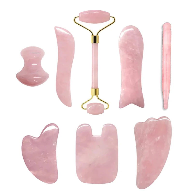 100% Natural Rose Quartz Jade Roller & Gua Sha Anti Aging Tools