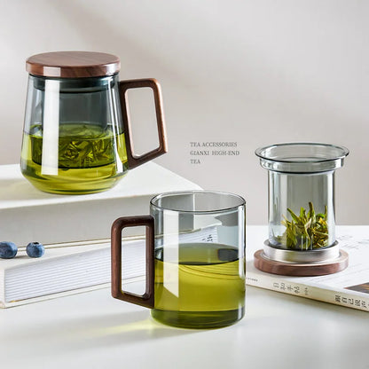 Heat Resistant Wooden Handled Glass Tea Cup Set