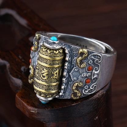 Adjustable 925 Sterling Silver Buddhist Rotatable Scripture Ring