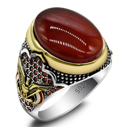 Handmade Turkish S925 Sterling Silver Red Agate Vintage Signet Ring
