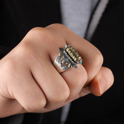 Adjustable 925 Sterling Silver Buddhist Rotatable Scripture Ring