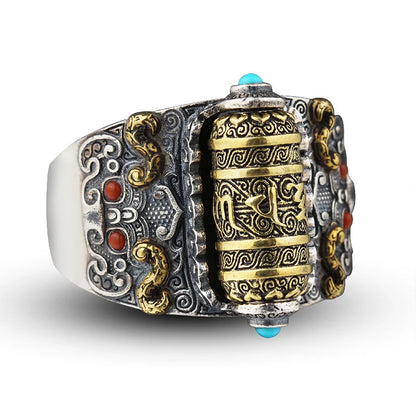 Adjustable 925 Sterling Silver Buddhist Rotatable Scripture Ring
