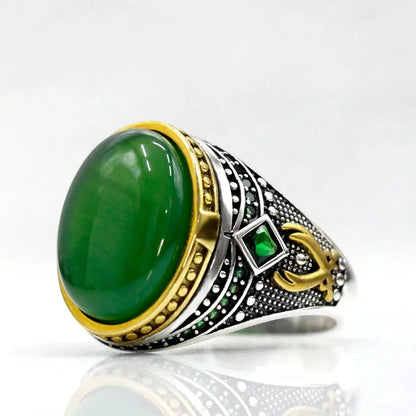 Handmade Green Agate 925 Sterling Silver Vintage Turkish Signet Ring