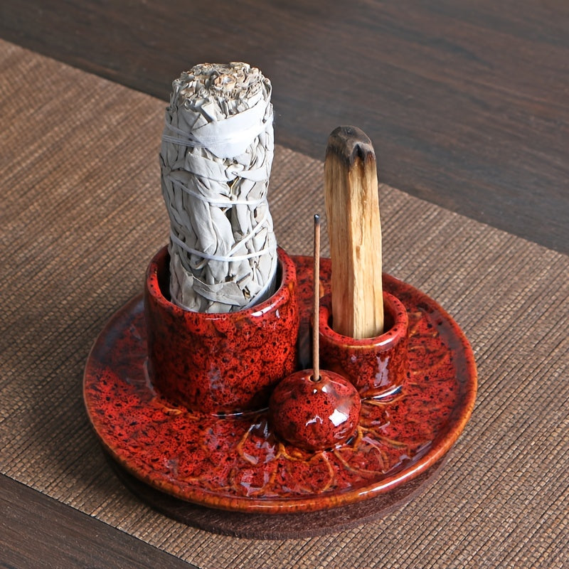 4-in-1 Ceramic Incense Burner Holder – Palo Santo & Sage Smudge Stand with Stick & Candle Holder