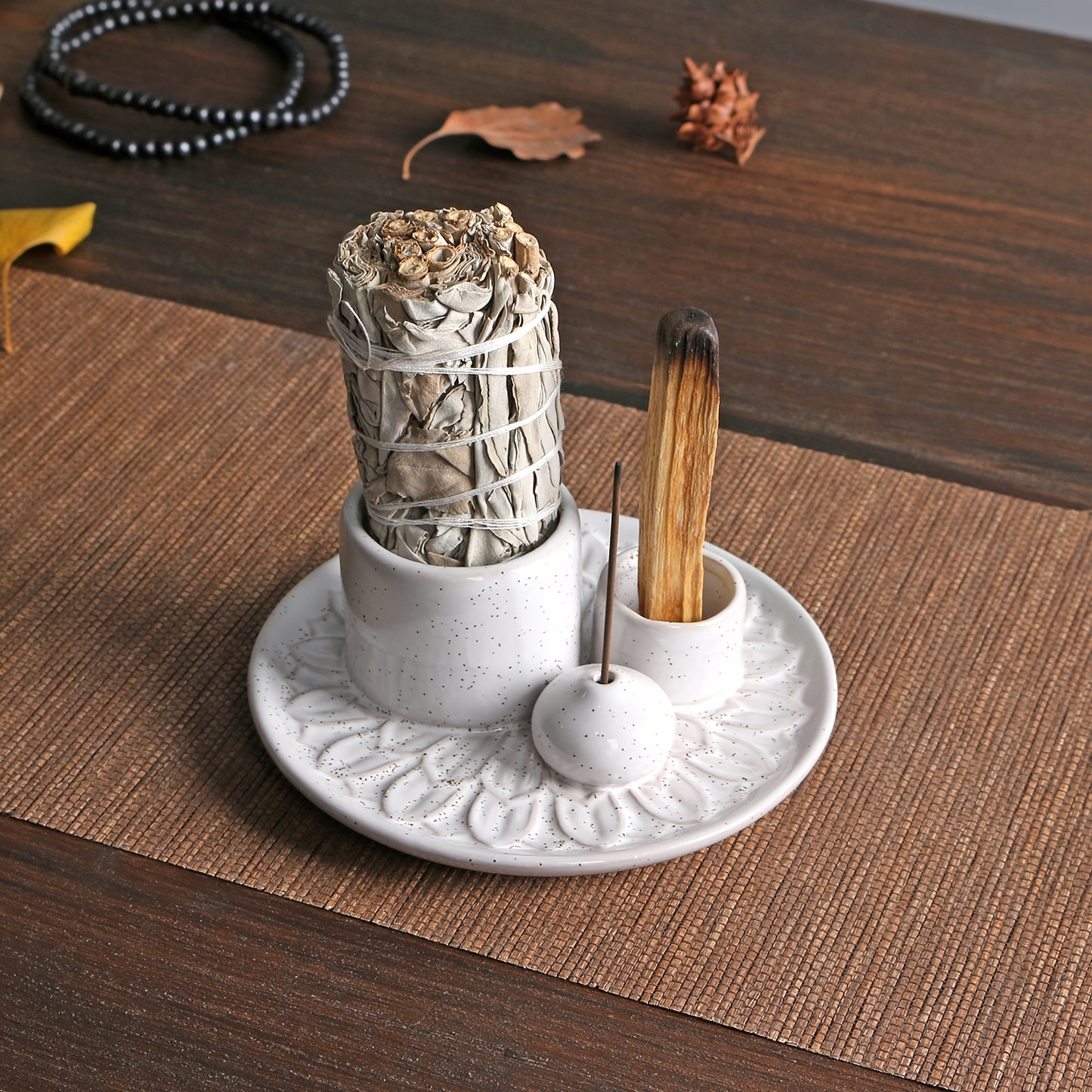 4-in-1 Ceramic Incense Burner Holder – Palo Santo & Sage Smudge Stand with Stick & Candle Holder
