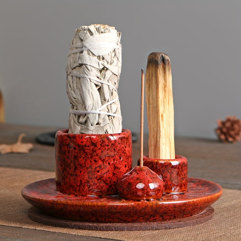 4-in-1 Ceramic Incense Burner Holder – Palo Santo & Sage Smudge Stand with Stick & Candle Holder