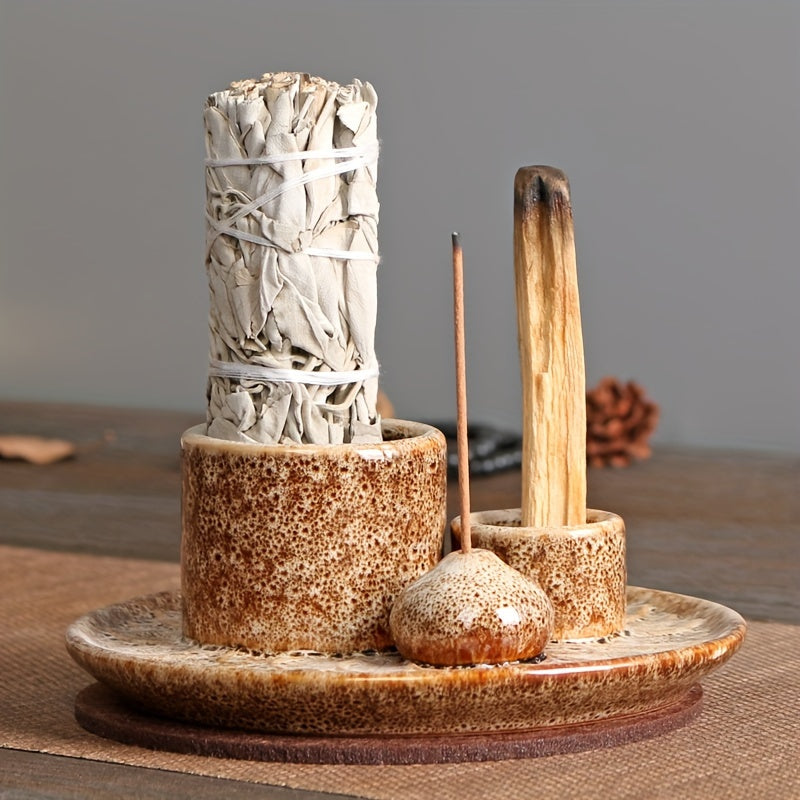 4-in-1 Ceramic Incense Burner Holder – Palo Santo & Sage Smudge Stand with Stick & Candle Holder