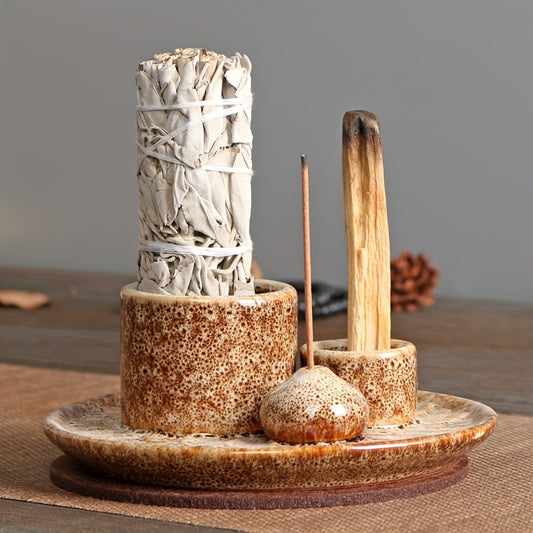 4-in-1 Ceramic Incense Burner Holder – Palo Santo & Sage Smudge Stand with Stick & Candle Holder